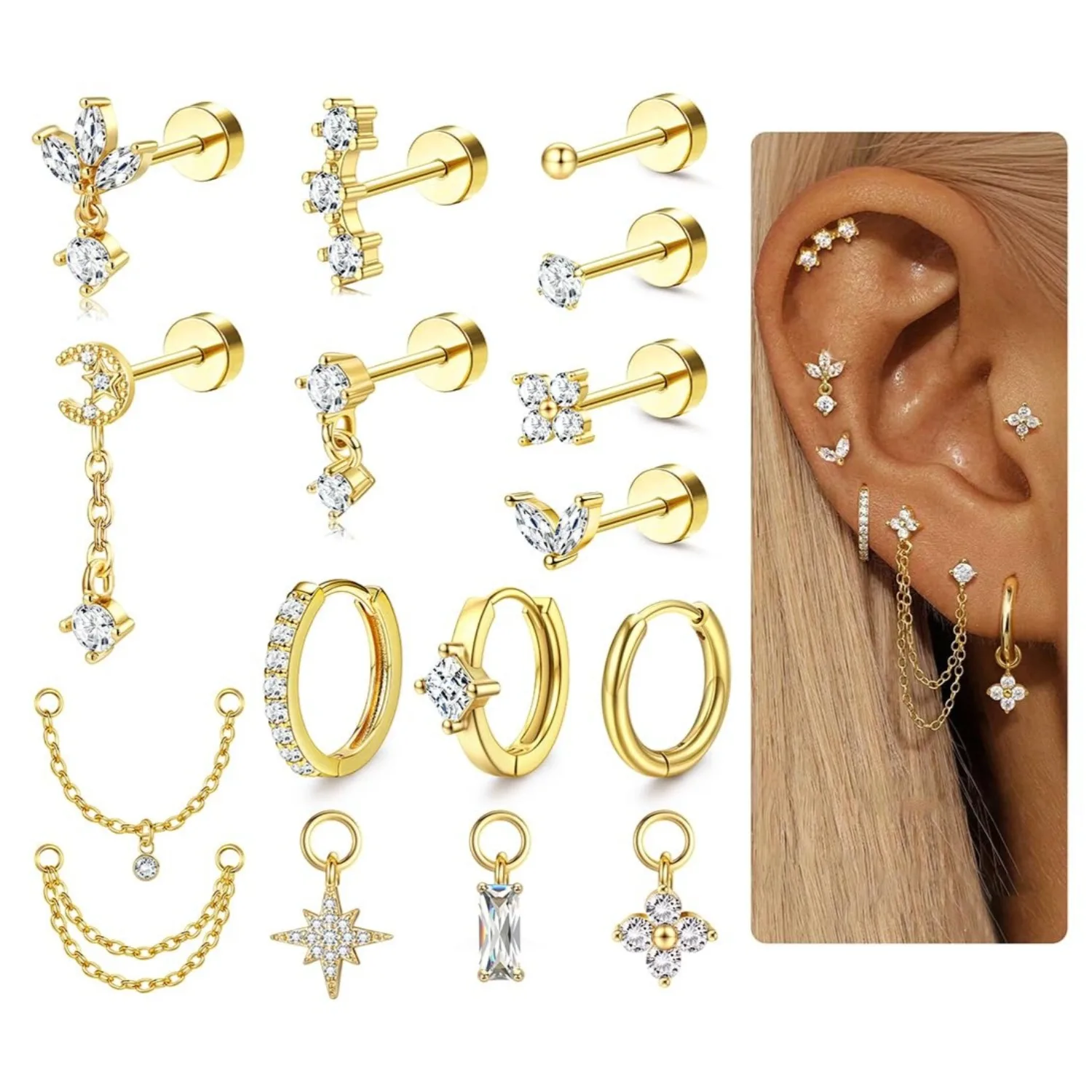 Body Jewelry Surgical Steel - أقراط غضروف مقاس 16 للنساء، بظهر